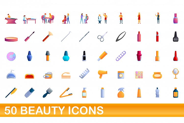 50 beauty icons set, cartoon style example image 1