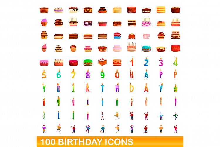 100 birthday icons set, cartoon style example image 1