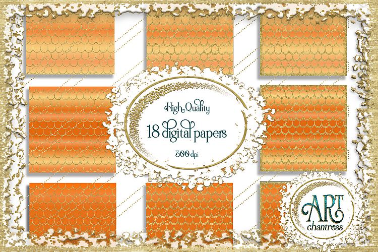 18 Digital Papers - Orange Tangerine with Gold Glitter - Mermaid Scale Tail Digital Paper, Mermaids Scales  : JPEG files 12X12 
