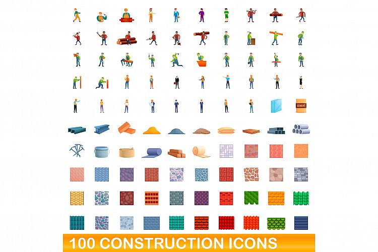 100 construction icons set, cartoon style example image 1