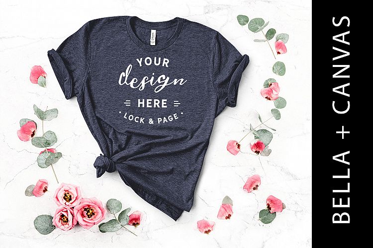 Floral Bella Canvas 3001 T-Shirt Mockup Heather Navy