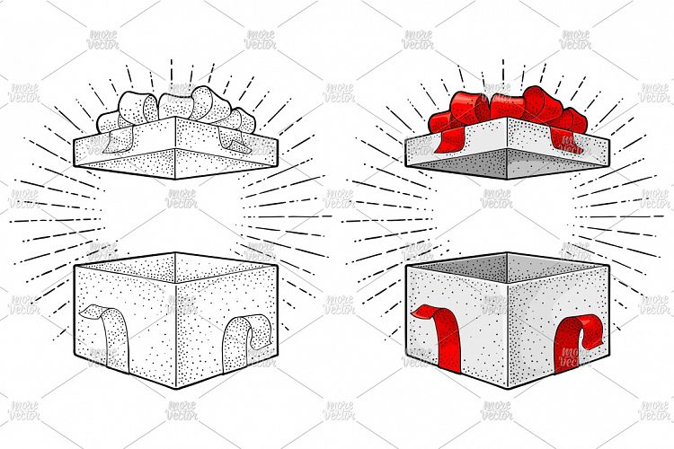 Open gift box with ribbon bow ray Vector vintage engraving
