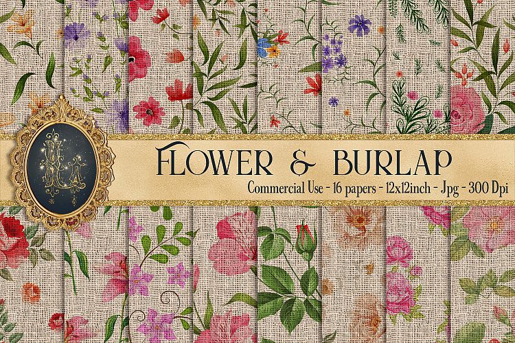 16 Flower and Burlap Digital Papers, Leaf, Floral, Natural