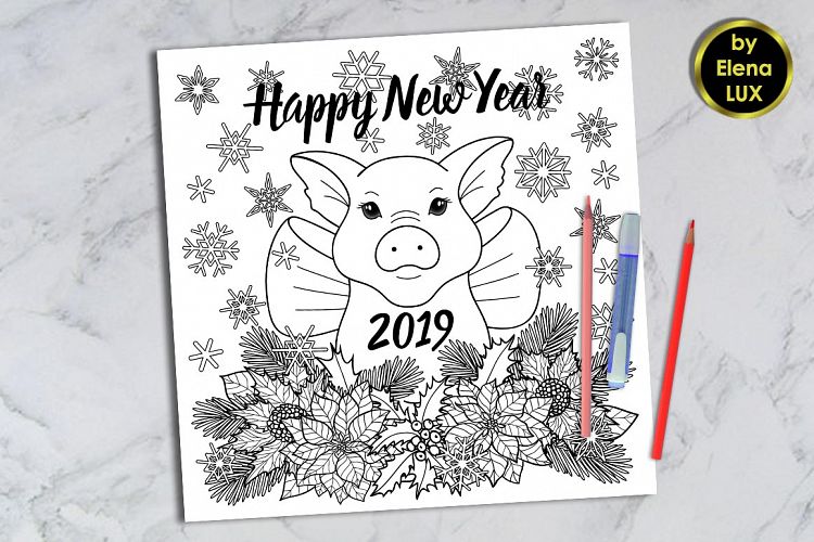 Happy New Year 2019 Coloring Card