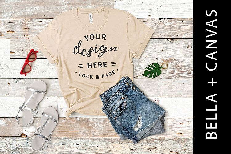 Tan Bella Canvas 3001 T Shirt Mockup Feminine Flat Lay