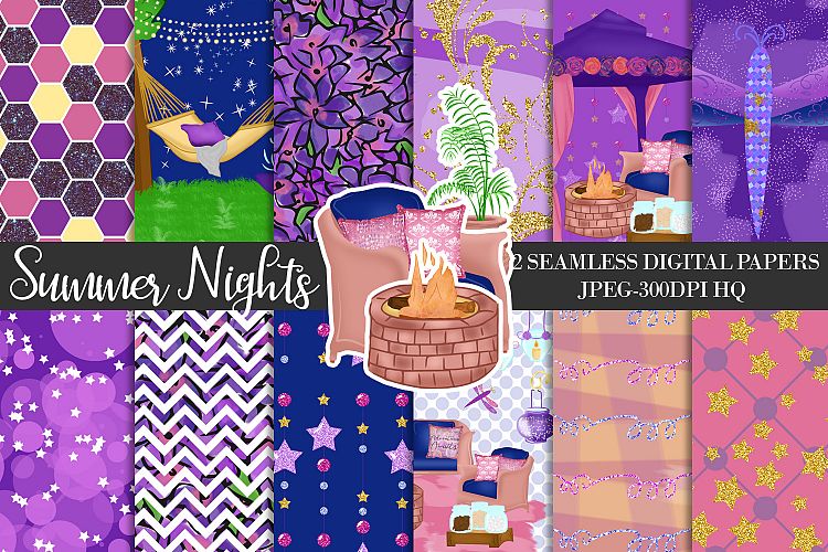 Summer Night Digital Papers, Starry Night Patterns, Summer Backgrounds