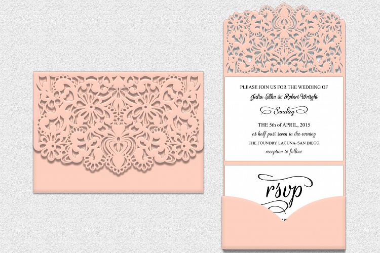 Tri Fold Lace pocket envelope Wedding Invitation laser cut