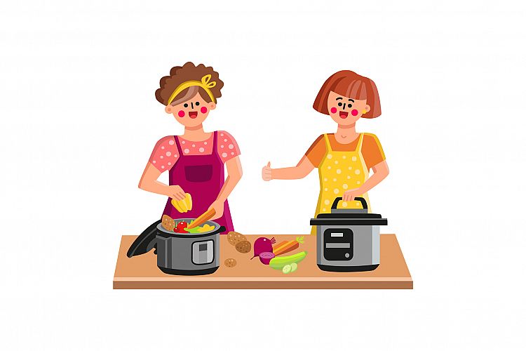 Pressure Cooker Cooking Women On Kitchen Vector example image 1