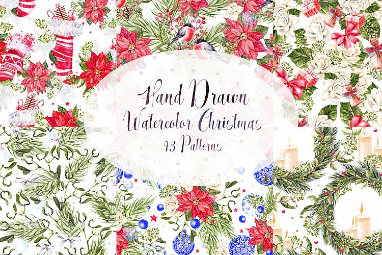 Hand Drawn Watercolor Christmas 13 Patterns