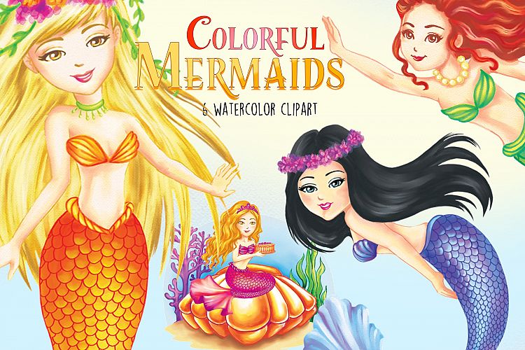 Watercolor Colorful Mermaids by Whimseez