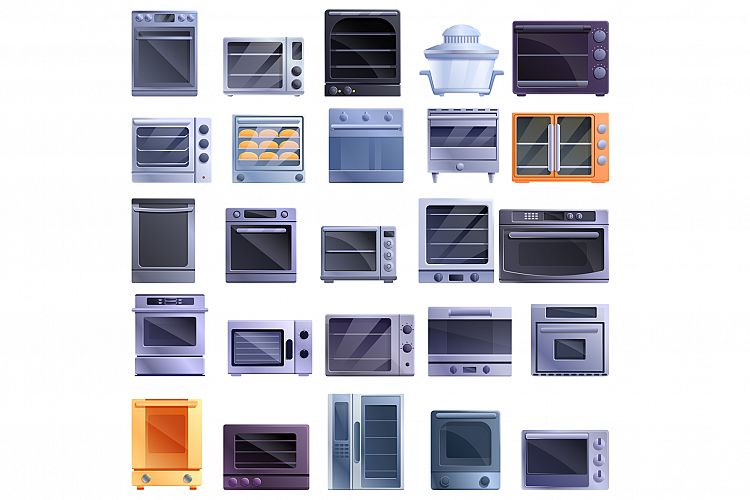 Convection oven icons set, cartoon style