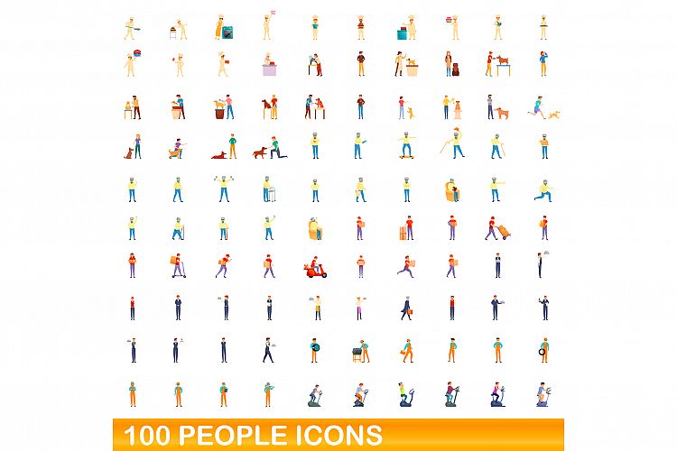 100 people icons set, cartoon style