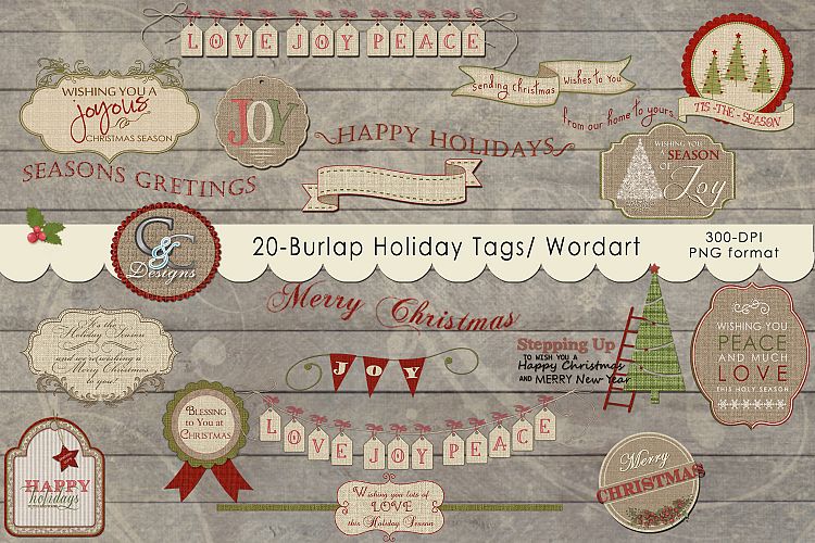 20 Burlap Holiday Tags- Elements/ Wordart/ Clipart