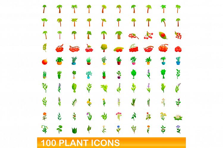 100 plant icons set, cartoon style example image 1