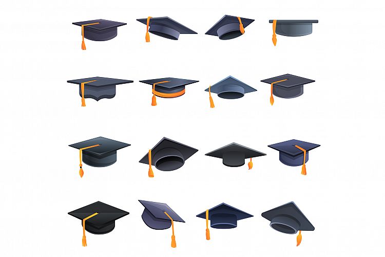 Graduation hat icons set, cartoon style example image 1