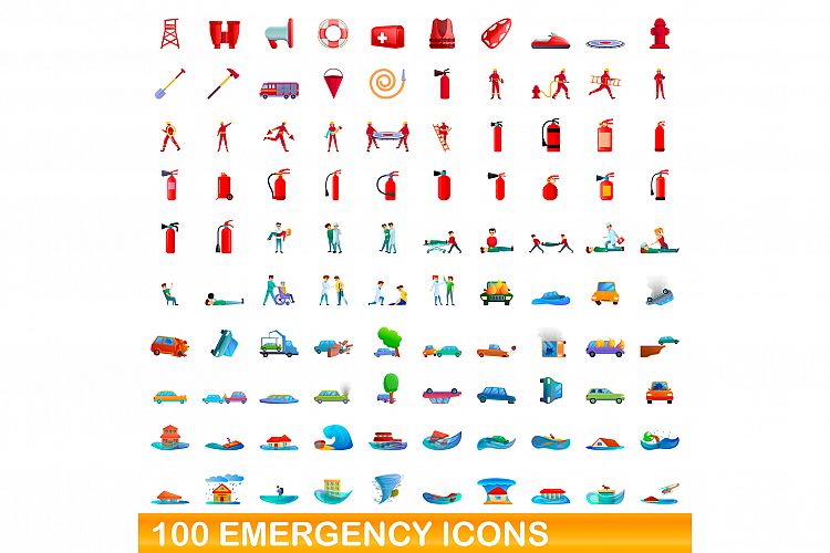 100 emergency icons set, cartoon style example image 1