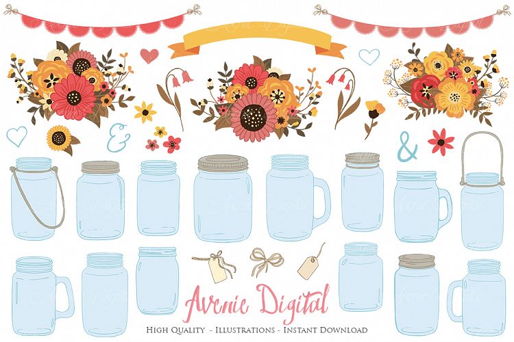 Fall Mason Jar Wedding Clipart - Autumn Wedding Graphics