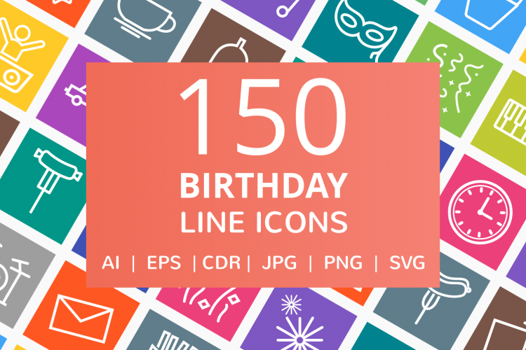 150 Birthday Line Multicolor B/G Icons