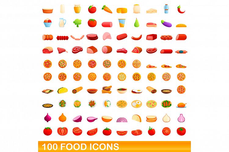 100 food icons set, cartoon style example image 1