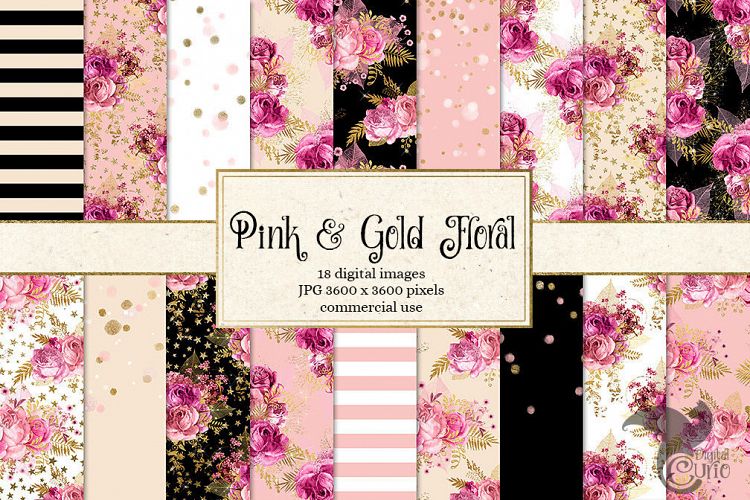 Pink and Gold Floral Digital Paper