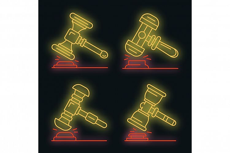 Judge hammer icon set vector neon