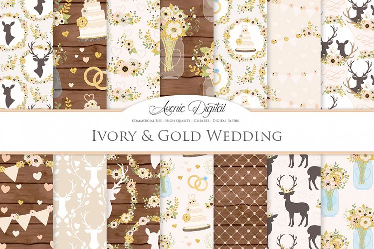 Ivory and Gold Wedding Digital Paper - Ivory Rustic Wedding Deer Seamless Patterns