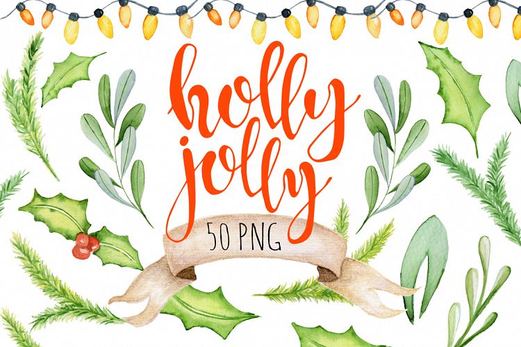 Christmas floral watercolor clipart Holly Jolly