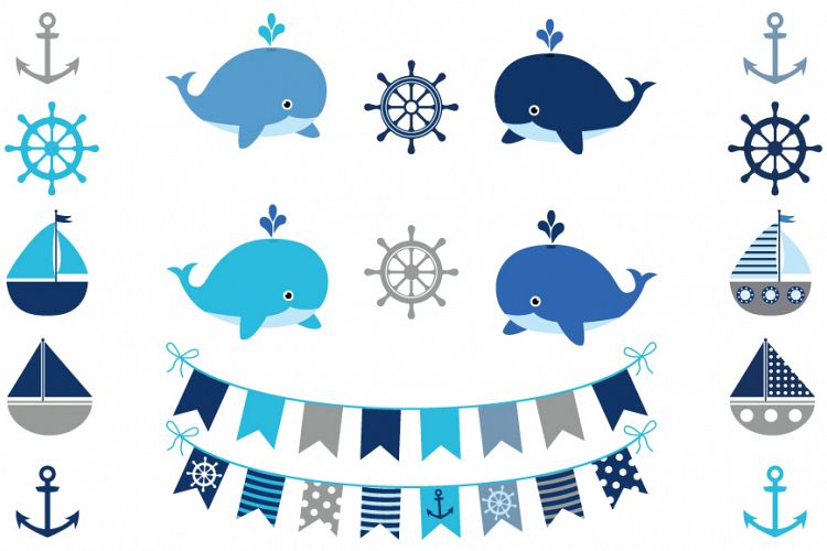 Gray nautical clipart set, Whales, boats, anchors, helms