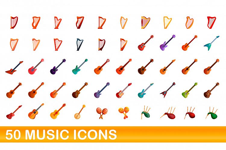 50 music icons set, cartoon style