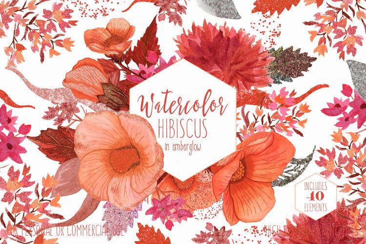 TROPICAL HIBISCUS Watercolor Floral Clipart Commercial Use Clip Art Hawaii Beach Flowers Rust Orange & Copper Metallic Wreaths Invitation Graphics