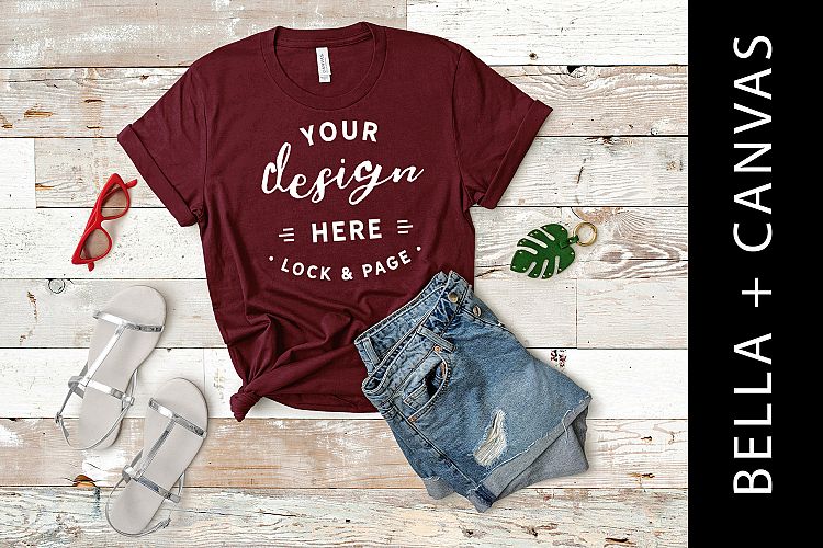 Maroon T Shirt Mockup Bella Canvas 3001 TShirt Flat Lay