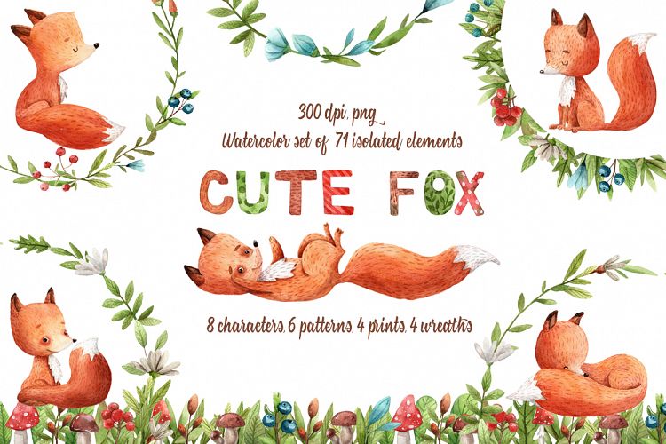 Cute Fox - Watercolor Clip Art Set