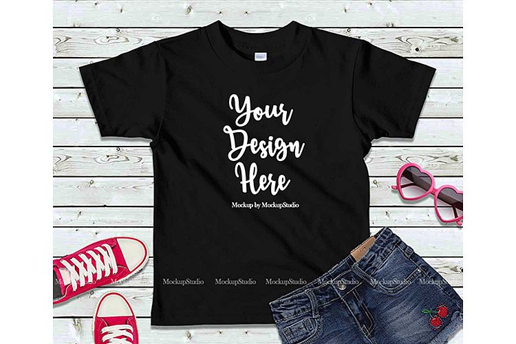 Kids Black Tshirt Mock Up Girls Teen Flat Lay Tee Display