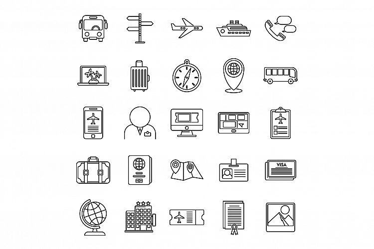 Tourism manager travel icons set, outline style