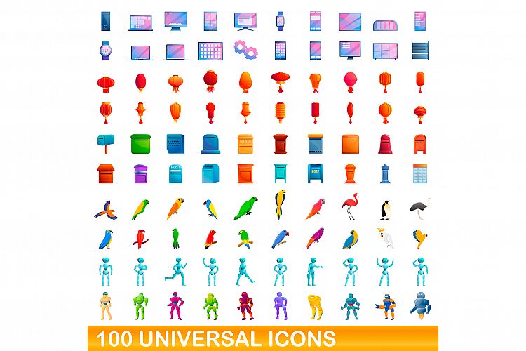 100 universal icons set, cartoon style