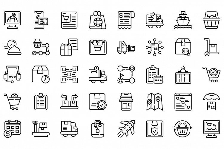 Ordering process icons set, outline style