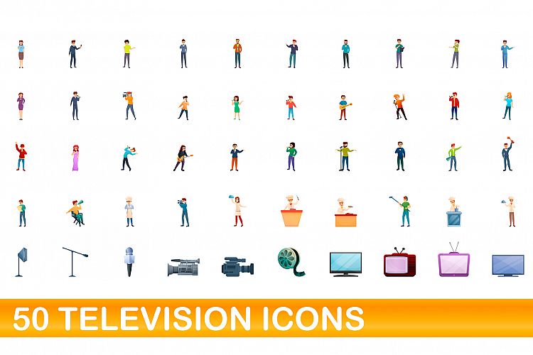 50 television icons set, cartoon style example image 1