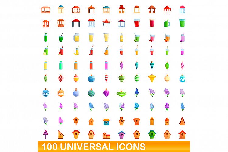 100 universal icons set, cartoon style