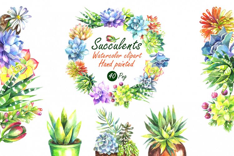 Watercolor Succulents Clip Art Set