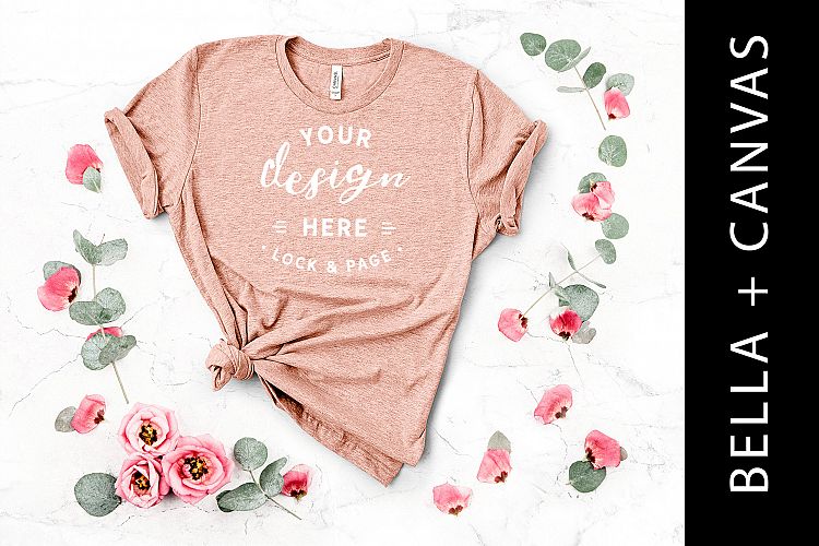 Heather Peach Bella Canvas 3001 T-Shirt Mockup Floral Setup