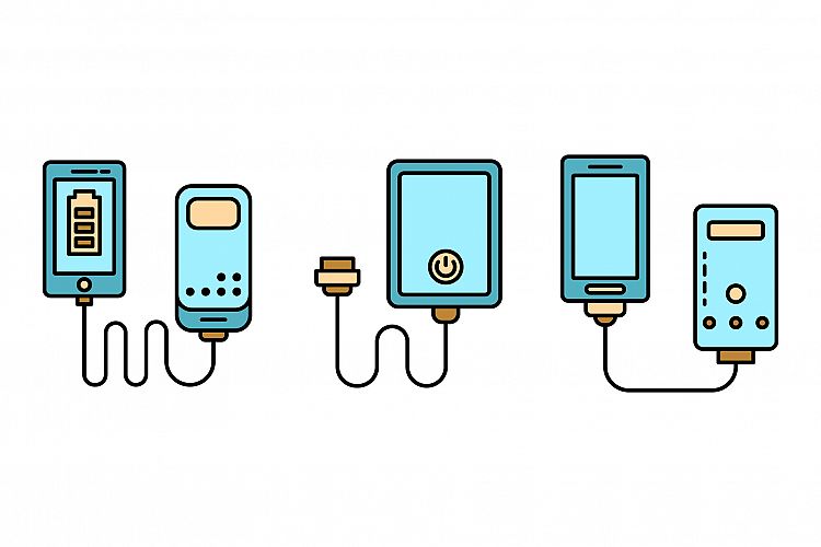 Power bank icons set line color vector example image 1
