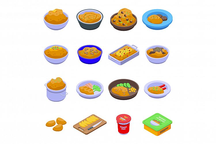 Mashed potatoes icons set, isometric style example image 1