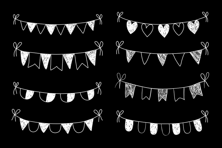  Chalkboard doodle bunting clipart, White hand drawn flags