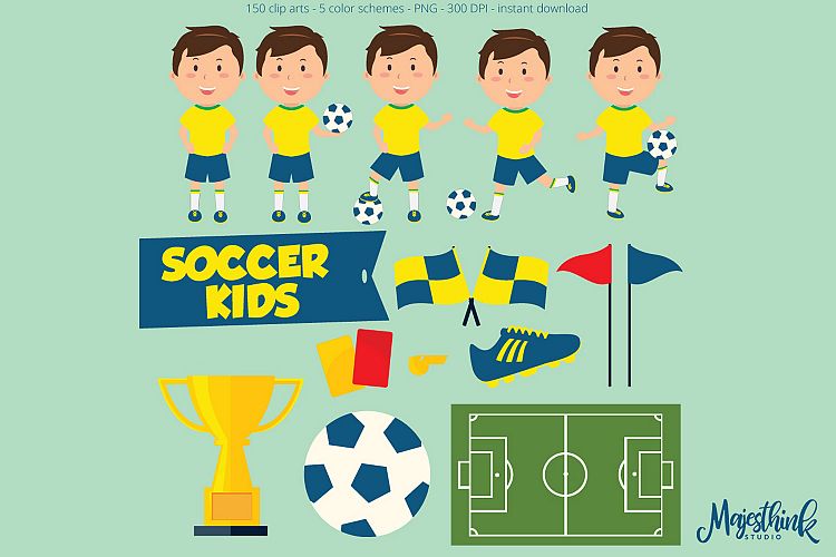 Soccer / Footbal Children Clip Art - Sport Clip Art - BASEBALL KIDS - with football sport element, ball, shoes, flag, whistle, flag digital
