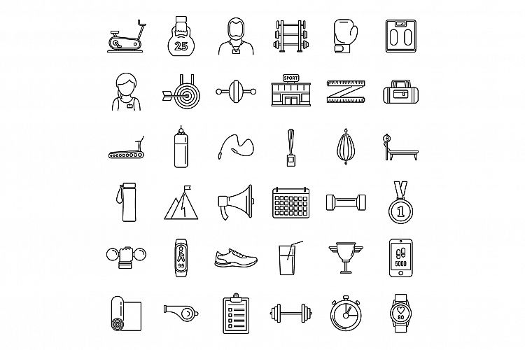 Gym personal trainer icons set, outline style