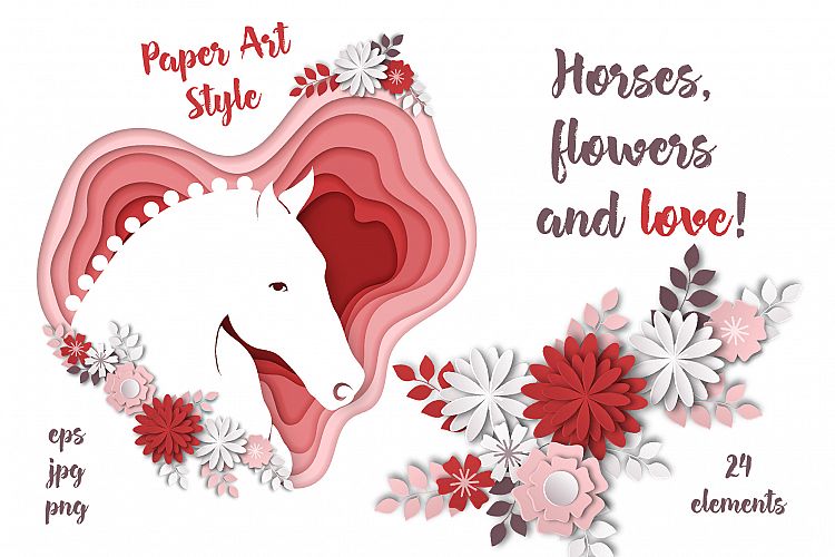 Horses, flowers & love – Vector Paper Art Style