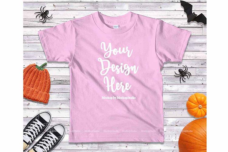 Halloween Fall Pink Kids Shirt Mockup Girls Flat Lay