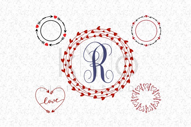 Valentines Day SVG cut files, Wreath Monogram Frame, Love Heart SVG, Arrow svg, Heart Wreath svg cut files for Cricut and Silhouette