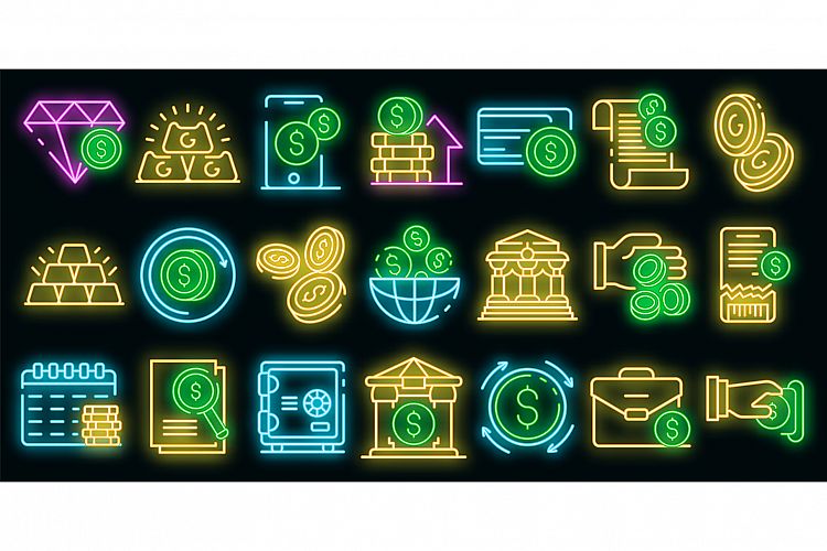 Bank metals icons set vector neon example image 1