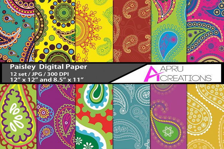  coloured paisley digital papers,coloured  paisley pattern, digital papers, high quality 300 dpi, 12 x 12 inch , and 8.5 x 11 inch